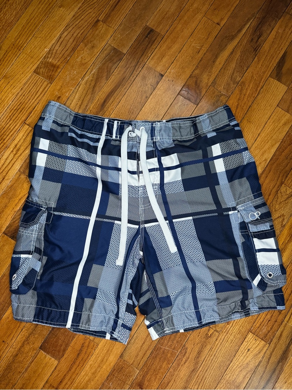 Op Navy and White Plaid Swim Trunks